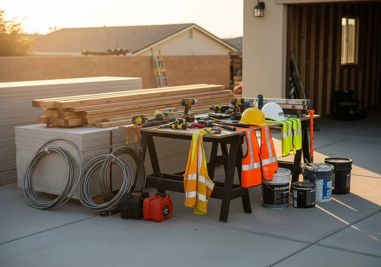 Construction crew tools and materials on a job site, showcasing professional remodeling and repair equipment.