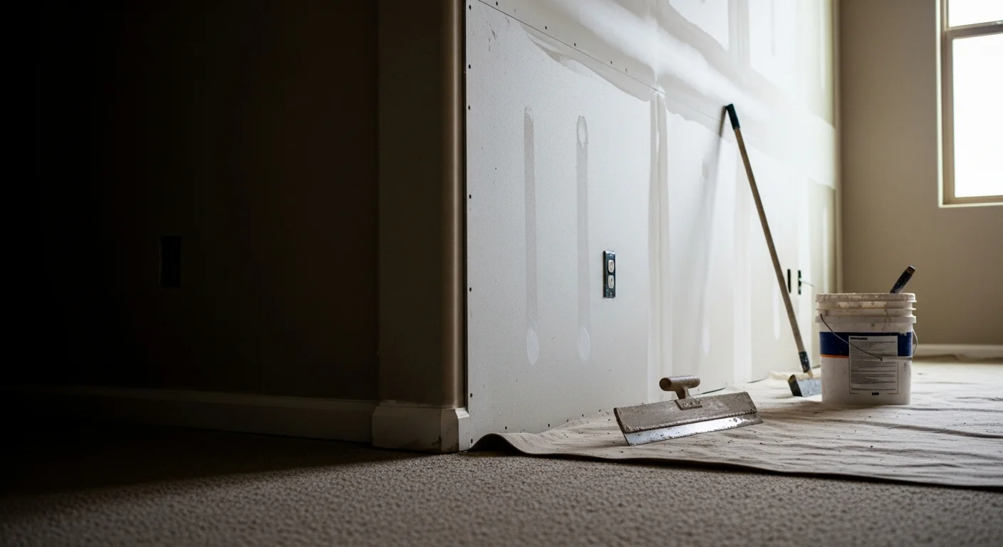 Drywall repair and finishing work on residential interior wall