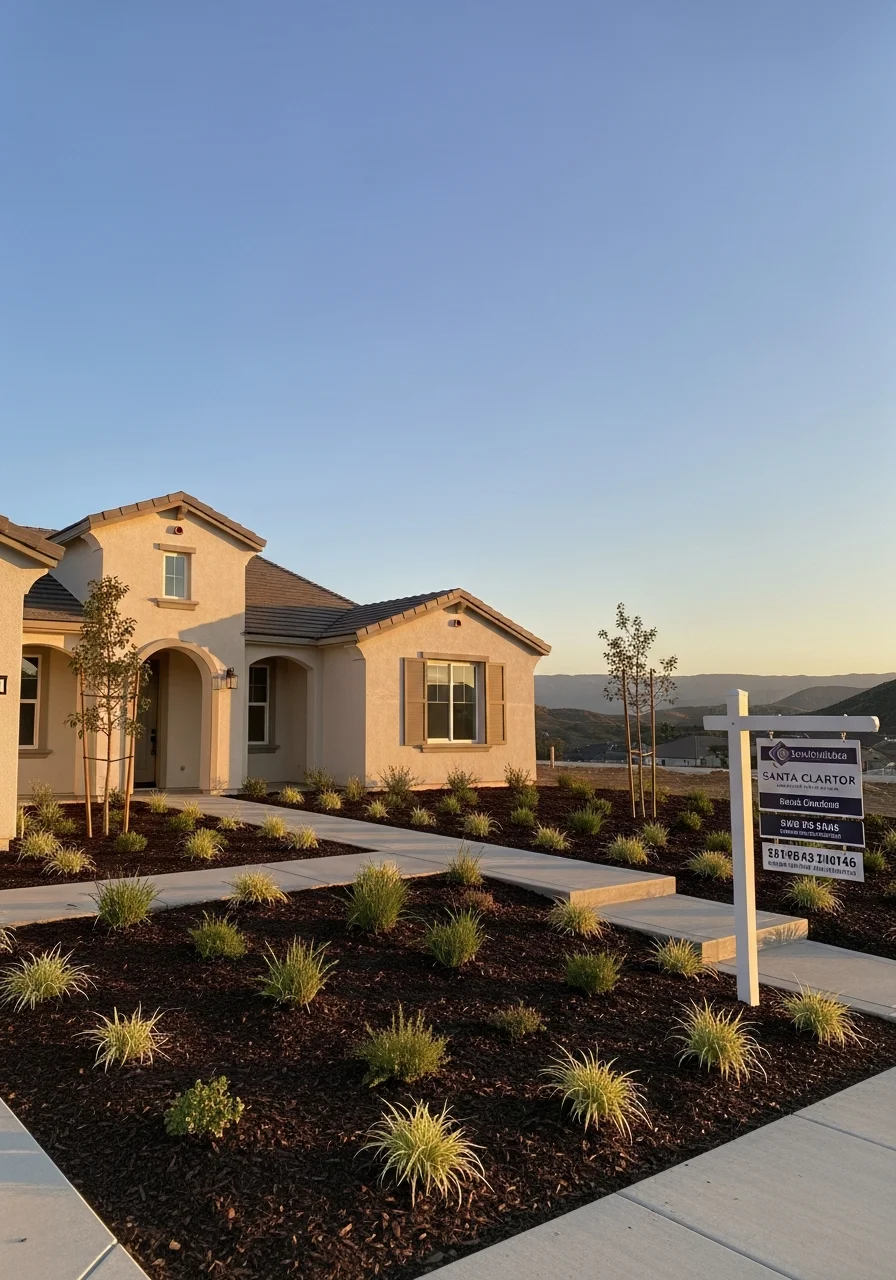 Close-up of a completed residential property in the Santa Clarita Valley with professional landscaping and clear signage.
