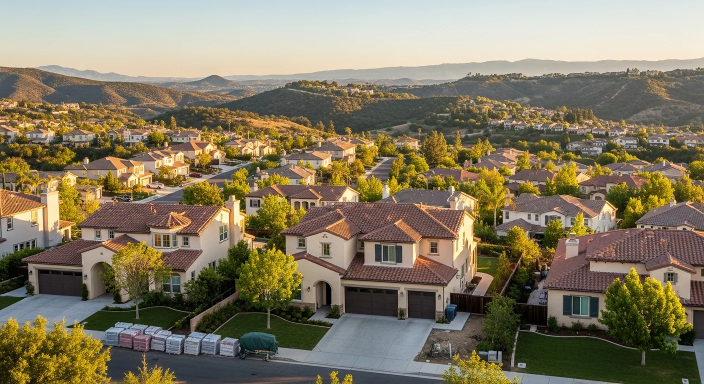 Wide view of Santa Clarita Valley residential neighborhoods with homes nestled among rolling hills and tree-lined streets.