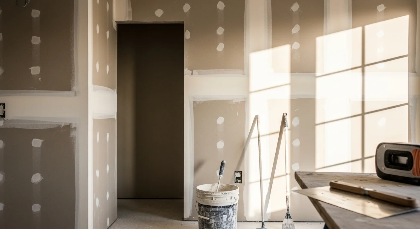 A freshly finished interior wall in a Santa Clarita Valley home showing smooth, paint-ready drywall with no visible seams or texture inconsistencies. A drywall contractor applies a final coat of joint compound along a ceiling line during a residential remodel.