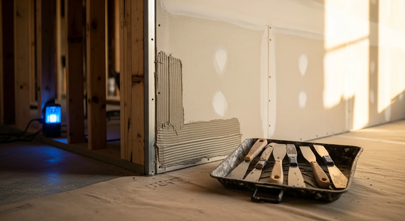 A freshly installed and taped drywall interior in a Santa Clarita Valley home addition, with smooth mud-coated seams ready for sanding and paint. Walls and ceiling panels are evenly hung across wood-framed walls in a residential room.