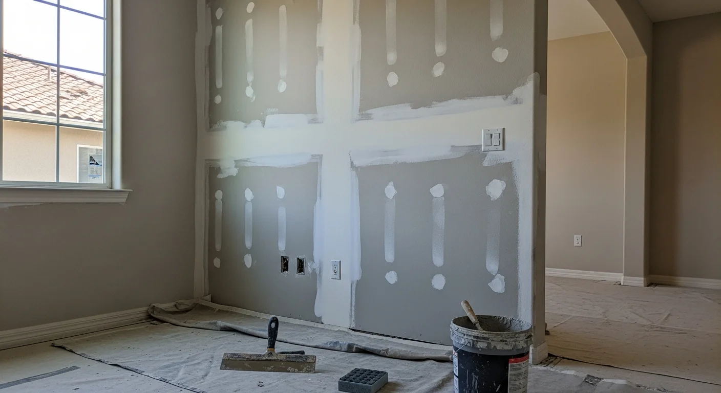 A freshly repaired and texture-matched drywall patch on an interior wall of a single-family home in the Santa Clarita Valley. The finished surface is smooth and paint-ready, with no visible seam between the repair and the surrounding wall.