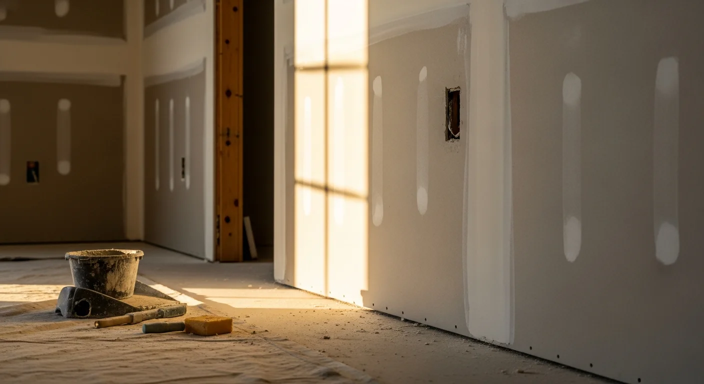 Interior wall of a Santa Clarita Valley home showing freshly replaced and textured drywall panels with smooth, paint-ready finish. A drywall contractor applies joint compound to seams in a residential room during a full panel replacement project.