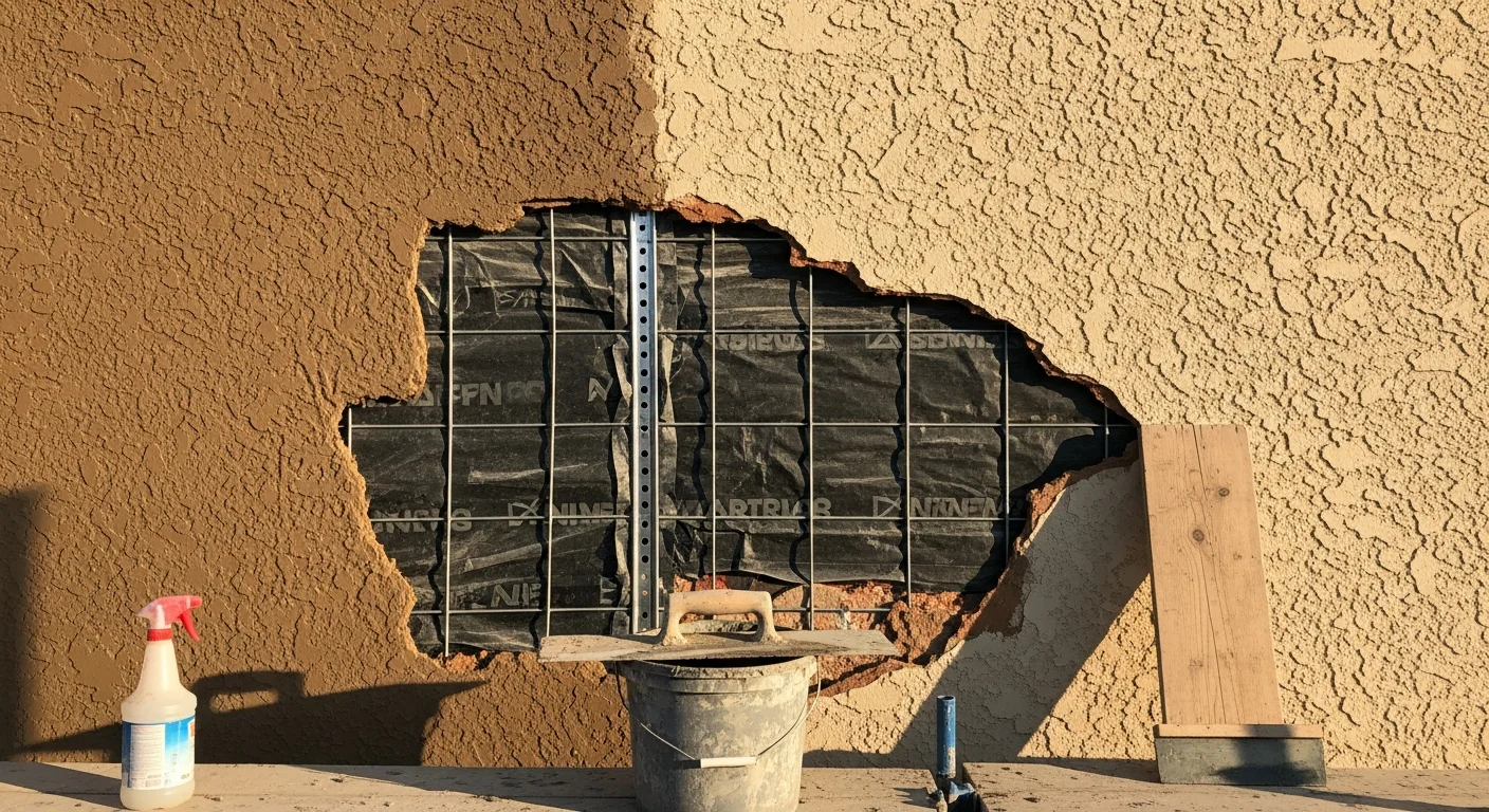 A Santa Clarita Valley single-family home with a freshly completed exterior stucco replacement, showing a smooth, uniform finish across all walls. The new stucco surface shows consistent texture and color with no visible cracking or patching.