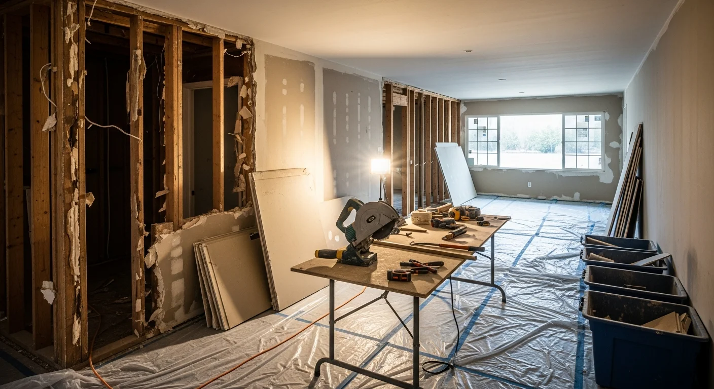 Interior demolition in progress inside a Santa Clarita Valley home, with drywall removed from walls and framing exposed in preparation for a remodel. Work area is cleared of debris with surrounding rooms visibly protected.