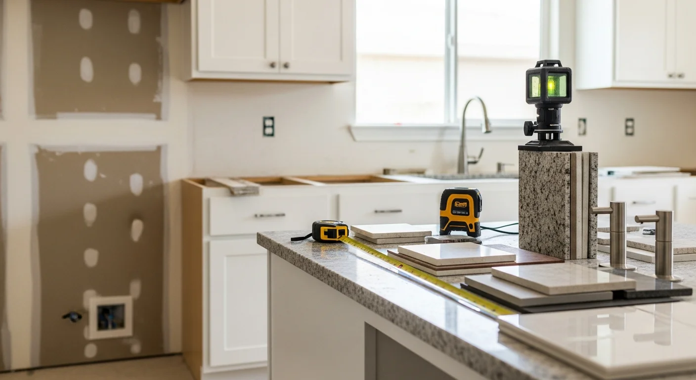 Remodeled kitchen in a Santa Clarita Valley single-family home showing new white shaker cabinets, stone countertops, and recessed lighting. Work completed by Espinoza And Son Inc, a licensed general contractor serving the Santa Clarita Valley.