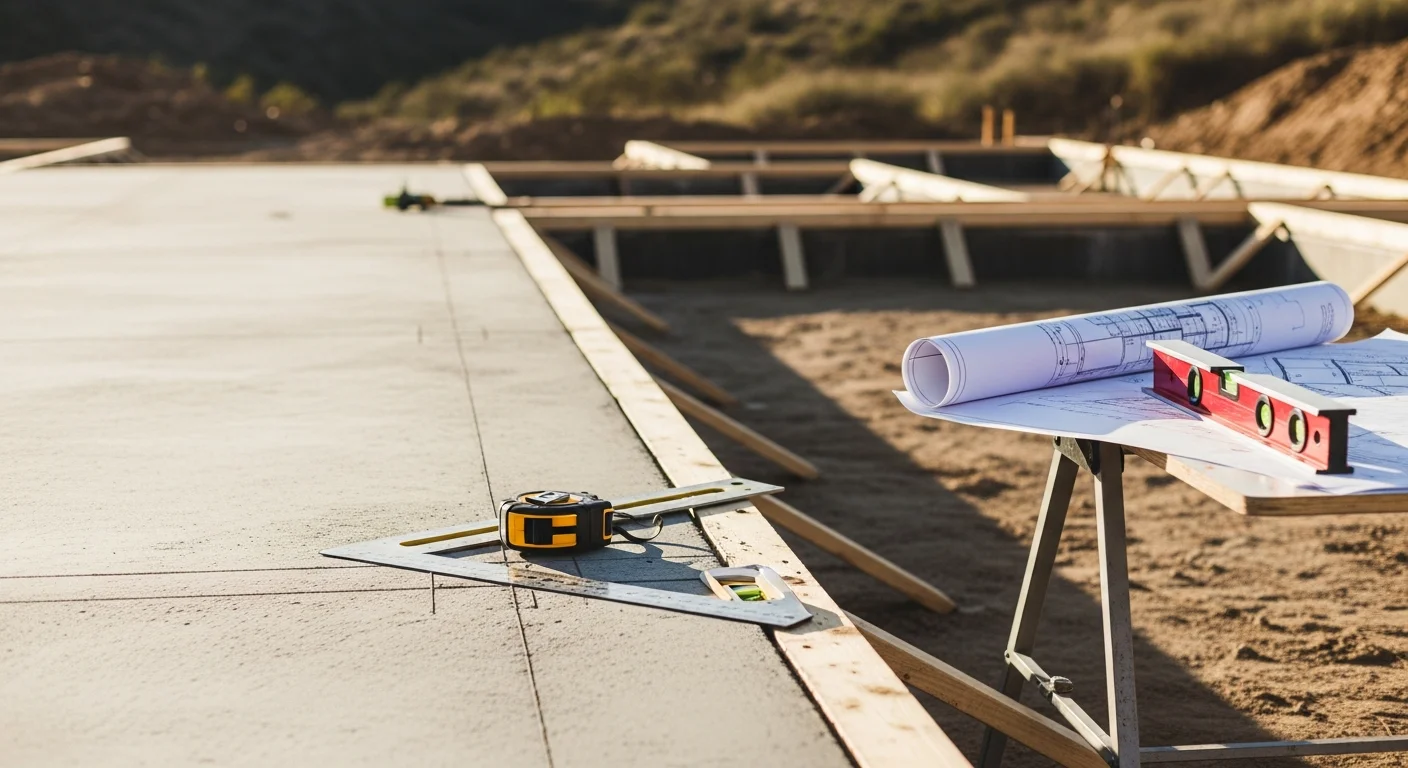 A newly framed single-family home under construction on a residential lot in the Santa Clarita Valley, with wood framing and roof trusses visible against a clear California sky. A general contractor reviews structural plans on-site during the framing phase.