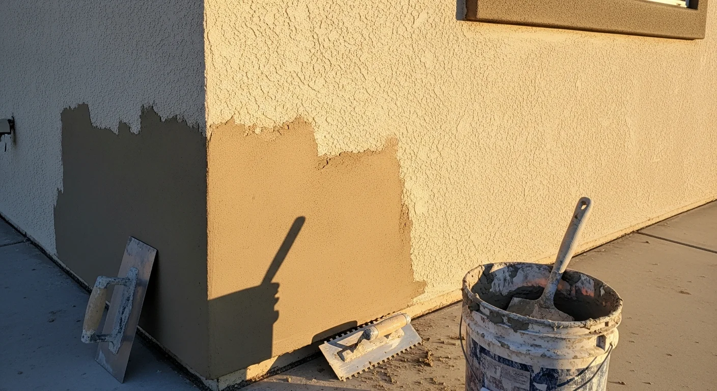 A freshly finished stucco exterior on a single-family home in the Santa Clarita Valley, showing a uniform sand texture and consistent color across the front facade. A contractor smooths the final coat along the wall surface in bright Southern California daylight.