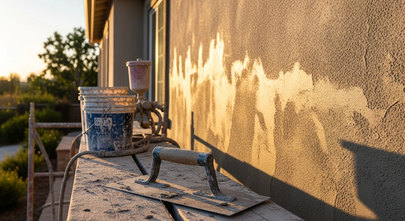 A freshly installed smooth stucco exterior on a single-family home in the Santa Clarita Valley, showing clean lines and an even finish across the front and side walls. The surrounding landscape reflects the dry, sun-exposed conditions typical of the area.