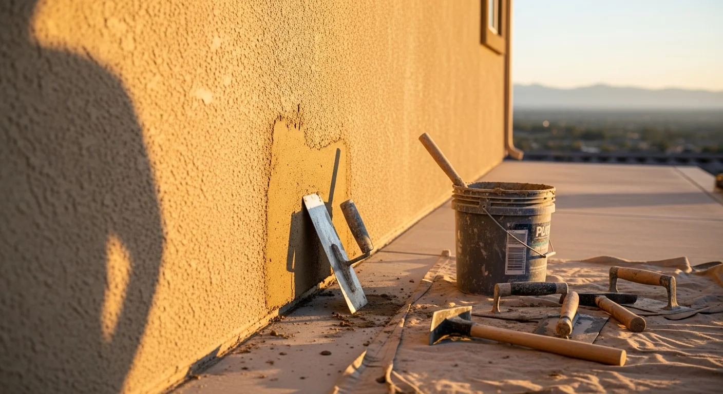 A stucco contractor applying a patched repair to the exterior wall of a single-family home in the Santa Clarita Valley. The finished patch shows a smooth, texture-matched surface blending into the surrounding stucco.