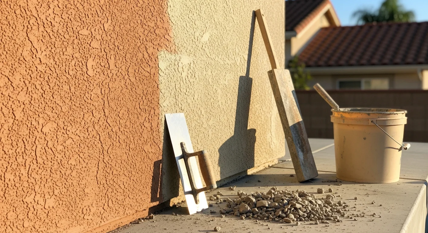 A stucco contractor applying a fresh repair patch to a cracked exterior wall on a single-family home in the Santa Clarita Valley. The repaired section shows a smooth, texture-matched finish blending with the surrounding original stucco surface.