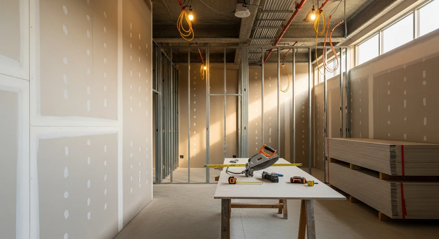 Finished commercial tenant improvement buildout inside a Santa Clarita Valley office suite, showing new partition walls, recessed lighting, and clean drywall finishes. General contractor work completed by Espinoza And Son Inc for a local business space.